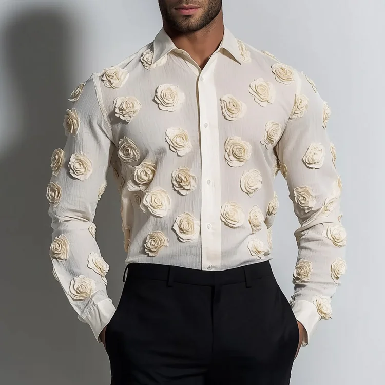 Okaywear 3D Floral Turndown Collar Button Long Sleeve Shirt 