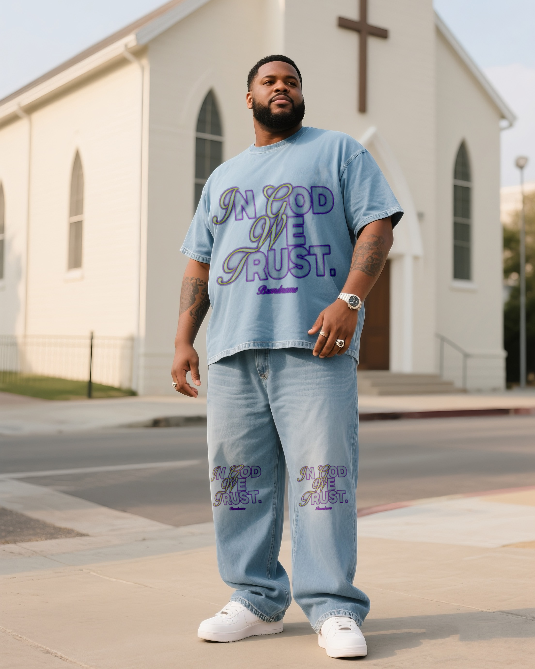 Plus Size Men's Faith Printed Denim T-Shirt Pants Suit