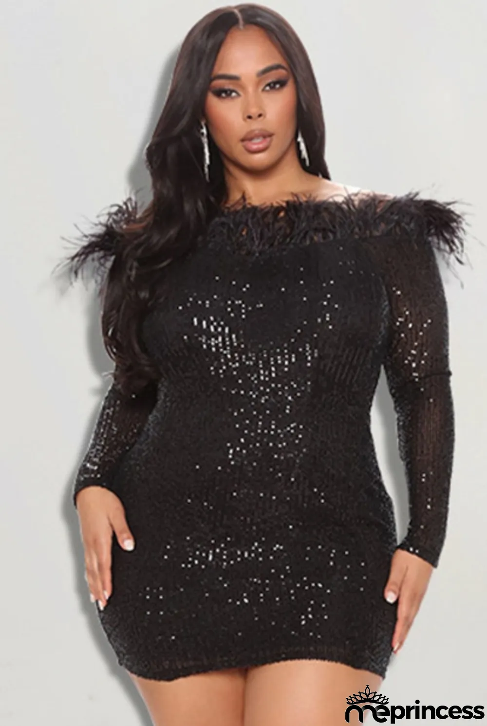 Fall Splus Size Black Sequins Fur Trim Long Sleeve Club Dress
