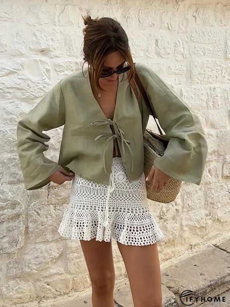 Cotton Line Tops Women Lace Up V-neck Loose Solid Shirts Female 2024 Summer New Long Sleeves Fashion Casual Soft Shirt Lady | IFYHOME