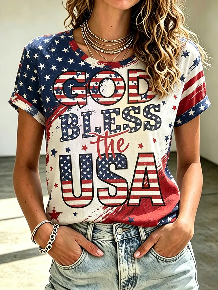 Women's American Independence Day Letter Art Crew Neck Short Sleeve Top