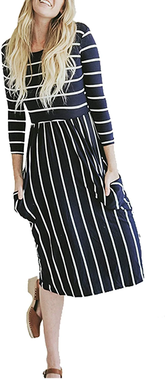 Women's 3 4 Sleeve Stripe Elastic Waist Casual Dress with Pocket