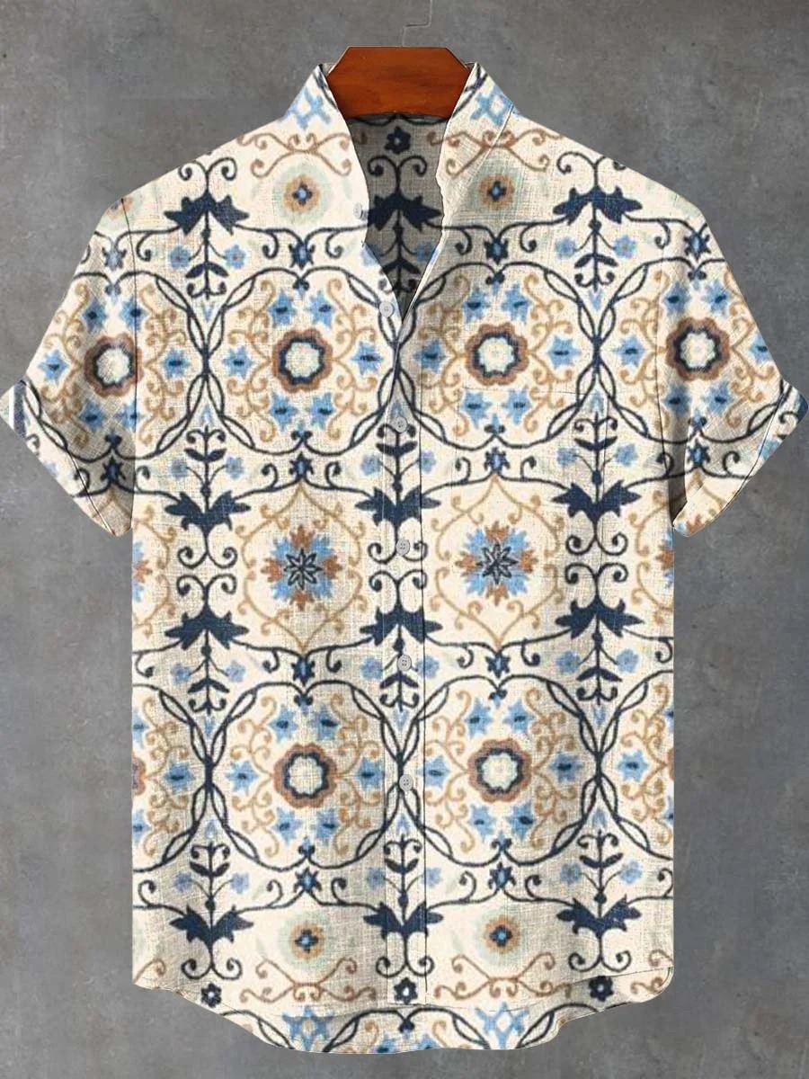 Retro Indian Traditional Flower Pattern Casual 100% Cotton Shirt