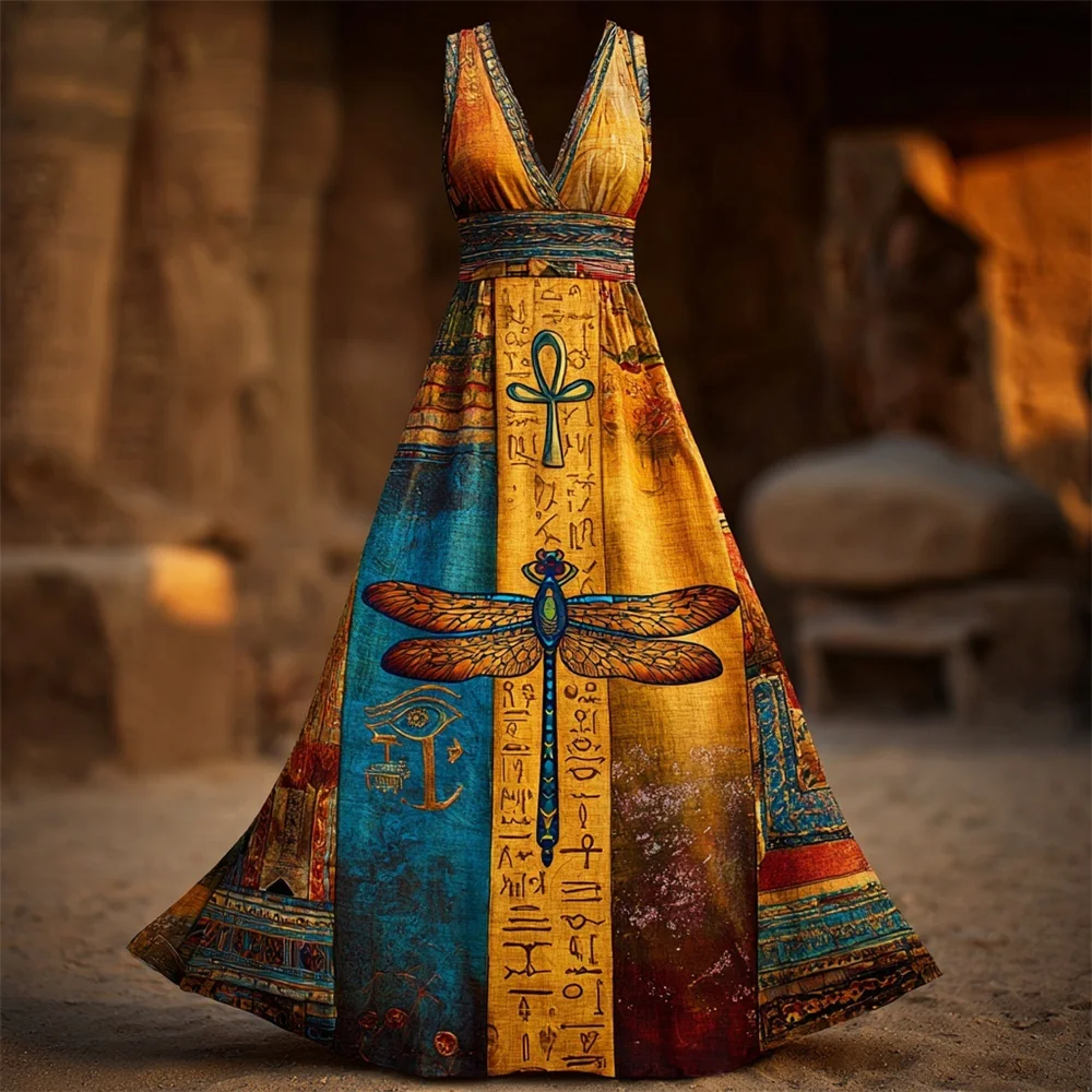 Vintage Egyptian Dragonfly Elements Women's Linen V-neck Tie Vest Maxi Dress