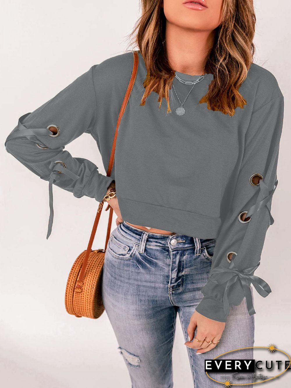 Women'S T-Shirts Crew Neck Hollow Tie Long Sleeve T-Shirt