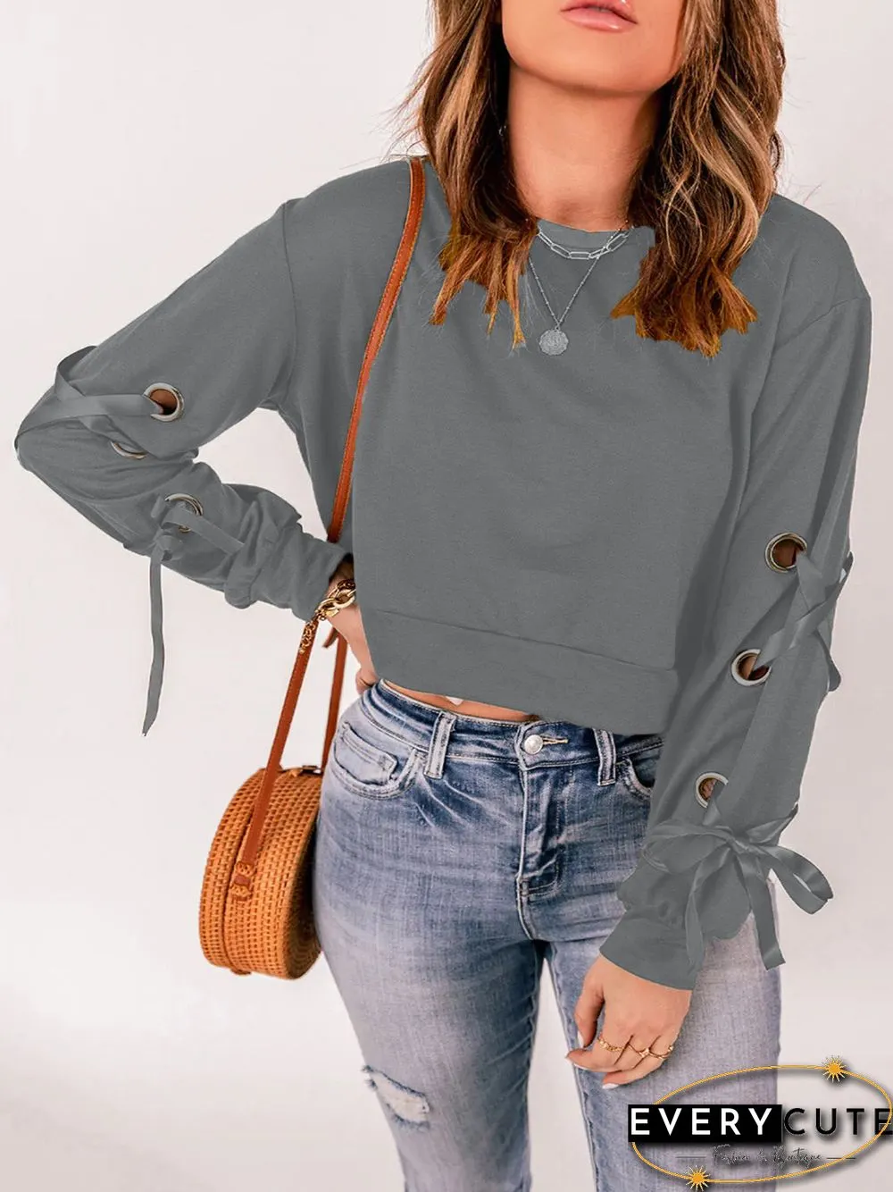 Women'S T-Shirts Crew Neck Hollow Tie Long Sleeve T-Shirt