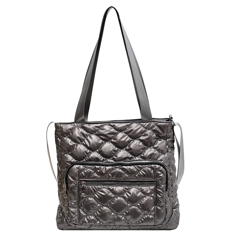 Quilted Cotton-Padded Bag Nylon Winter Women Shoulder Bags for Party (Silver)