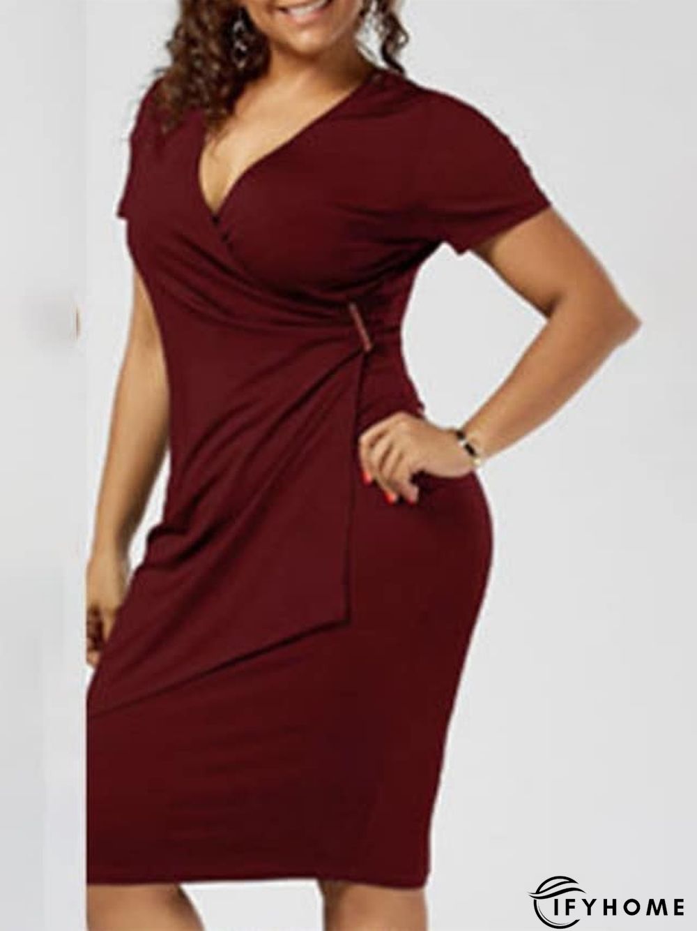 Women's Plus Size Work Dress Solid Color V Neck Ruched Short Sleeve Spring Summer Work Knee Length Dress Vacation Going out Dress / Loose Fit | IFYHOME