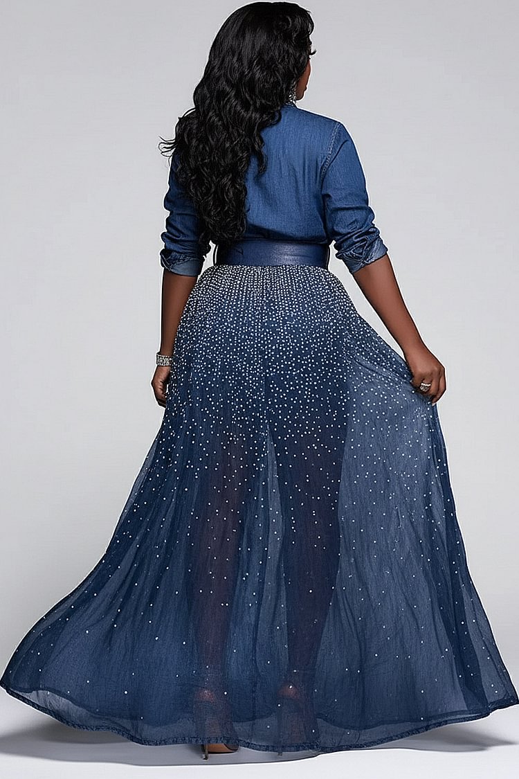 Xpluswear Design Plus Size Business Casual Blue Shirt Collar Long Sleeve Split Elegant Drilling Tencel Denim Maxi Dresses [Pre-Order]