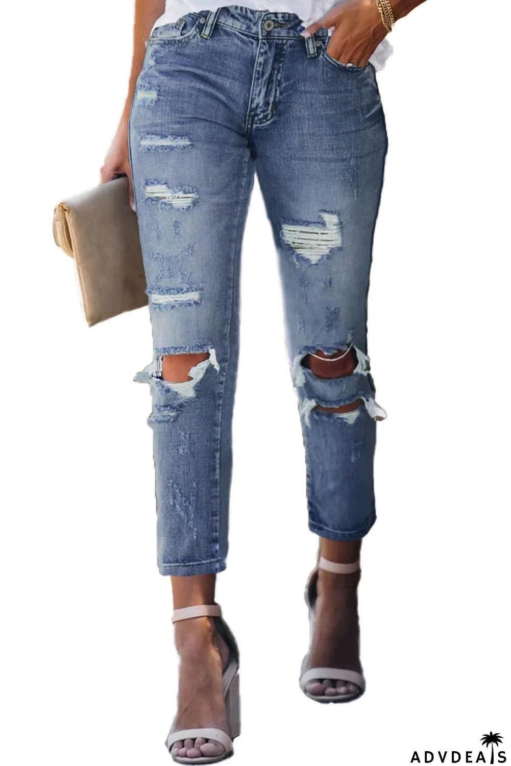Fading Distressed Holes Crop Jeans