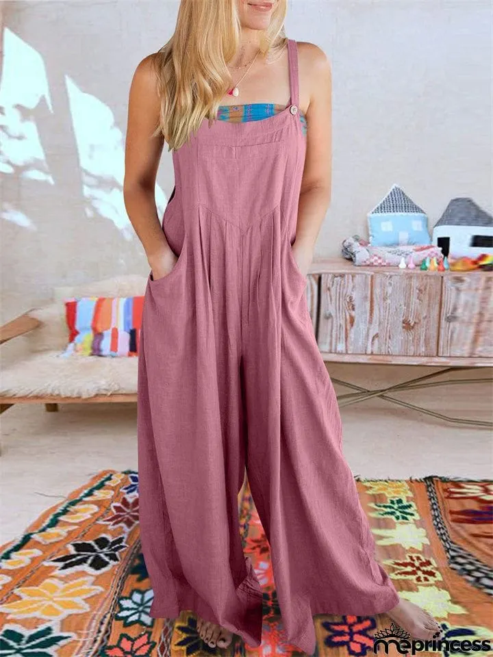 Summer Female Plus Size Solid Color Suspender Jumpsuits with Pockets