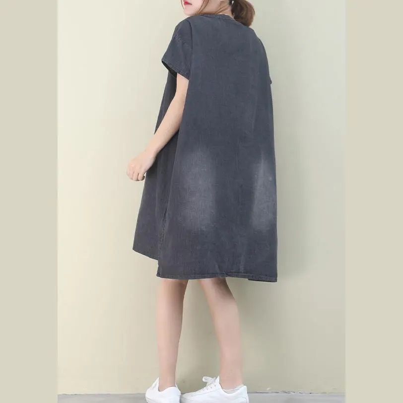 Women denim black Cotton clothes Women o neck green pockets Midi Dresses