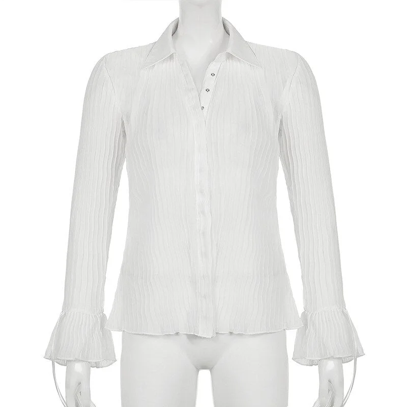 Yiallen Autumn 2021 New Women Sexy T Shirts Vintage Fashion V Neck Button Y2k See Through White Casual Long Sleeve Top Ladies