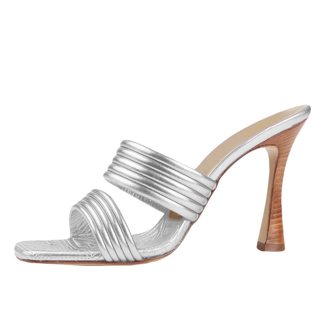 Square Toe Spool High Heeled Double Strap Metallic Silver Sandals