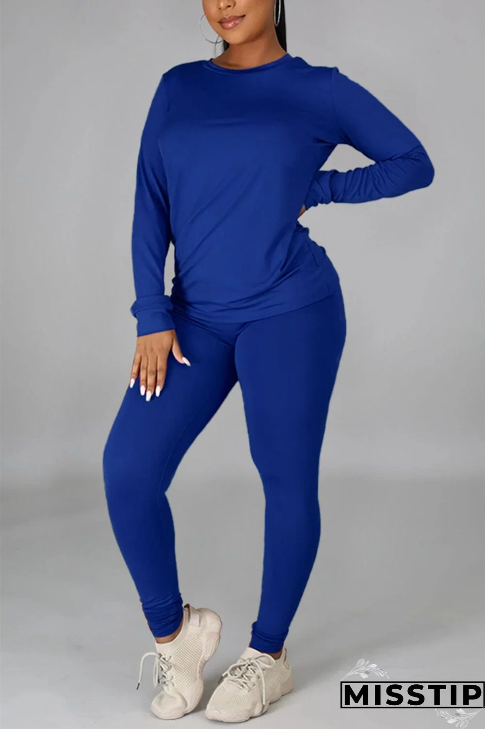Blue Casual Solid Basic O Neck Long Sleeve Two Pieces