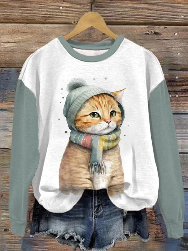 Women's Cute Watercolor Kitten Cat Wearing Hat Print Sweatshirt