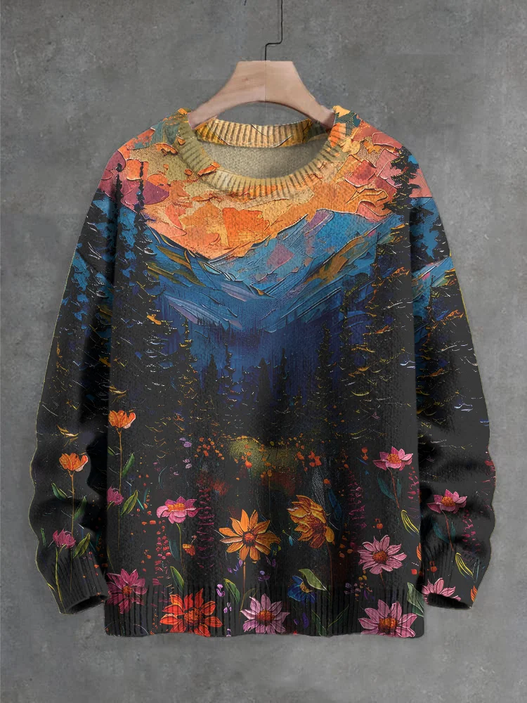 Women's Flowers Natural Landscape Oil Painting Print Knit Sweatshirt