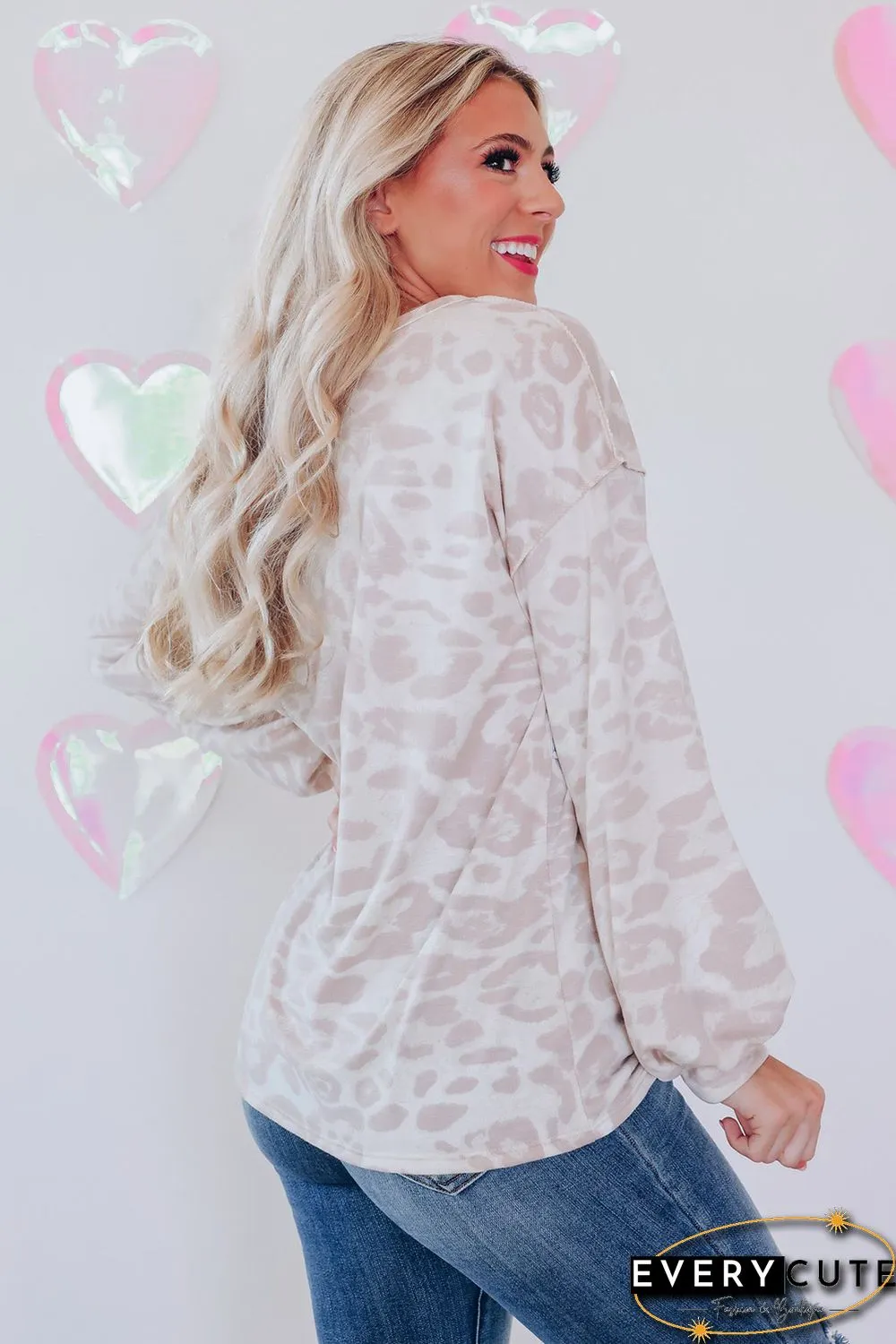 Leopard Animal Print Contrast Stripes Patchwork Puff Sleeve Knit Top