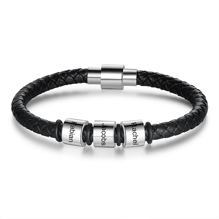 Leather Braided Bracelet Custom 3 Names Bead Bracelet for Men
