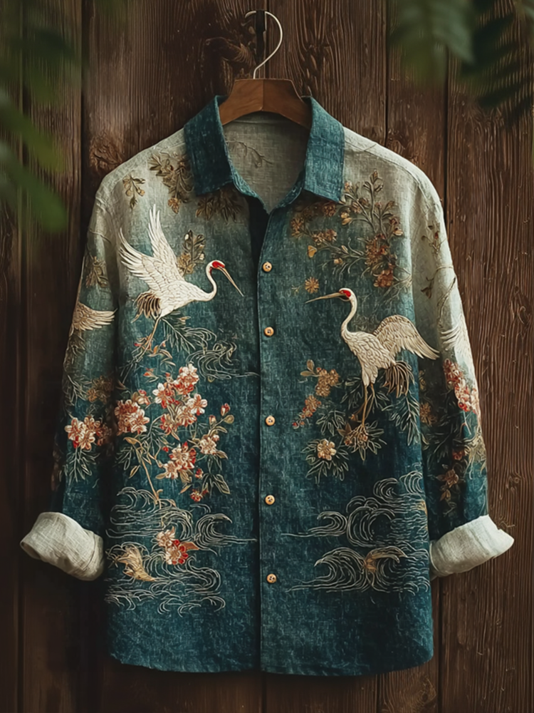Japanese Art Retro Style Plant Flower And Crane Pattern Men's Cotton And Linen Shirt  artssus