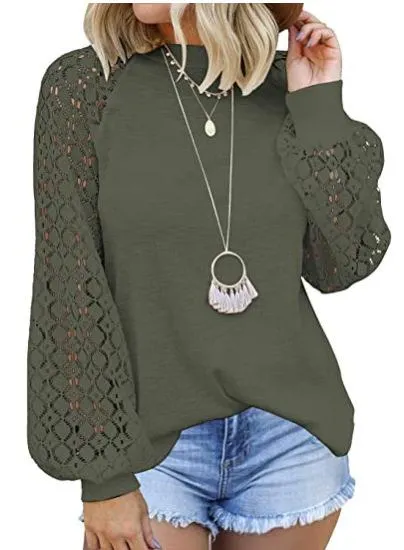 2022 New Solid T Shirt Women Fashion Lace Patchwork O Neck Long Sleeve Streetwear Loose Tops Female Casual Oversized Tee Shirt
