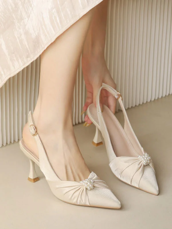 Women's Bridal Shoes Pointed Toe Pearls Goblet Heel Slingbacks Wedding Shoes Radinnoo.com
