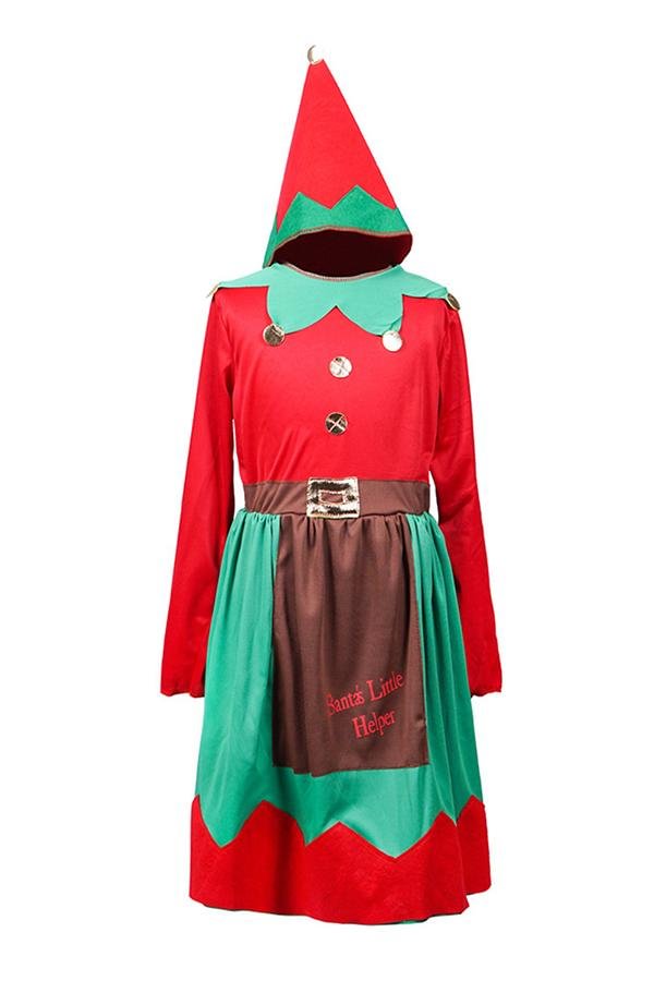 Long Sleeve Girls Christmas Santa Little Helper Elf Costume Dress Red-elleschic