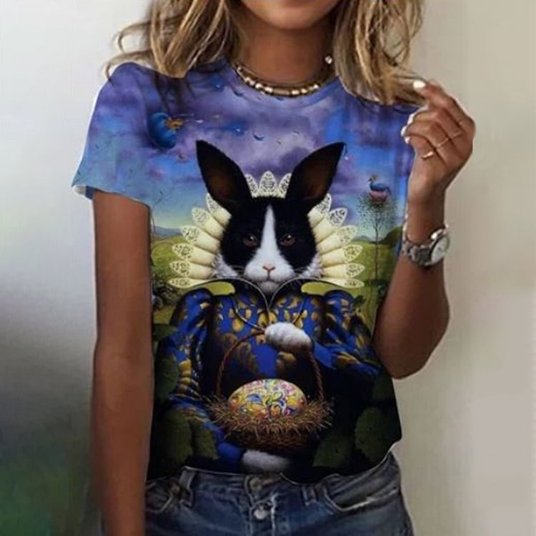 VChics Animal Rabbit Print Round Neck Short Sleeve T-shirt