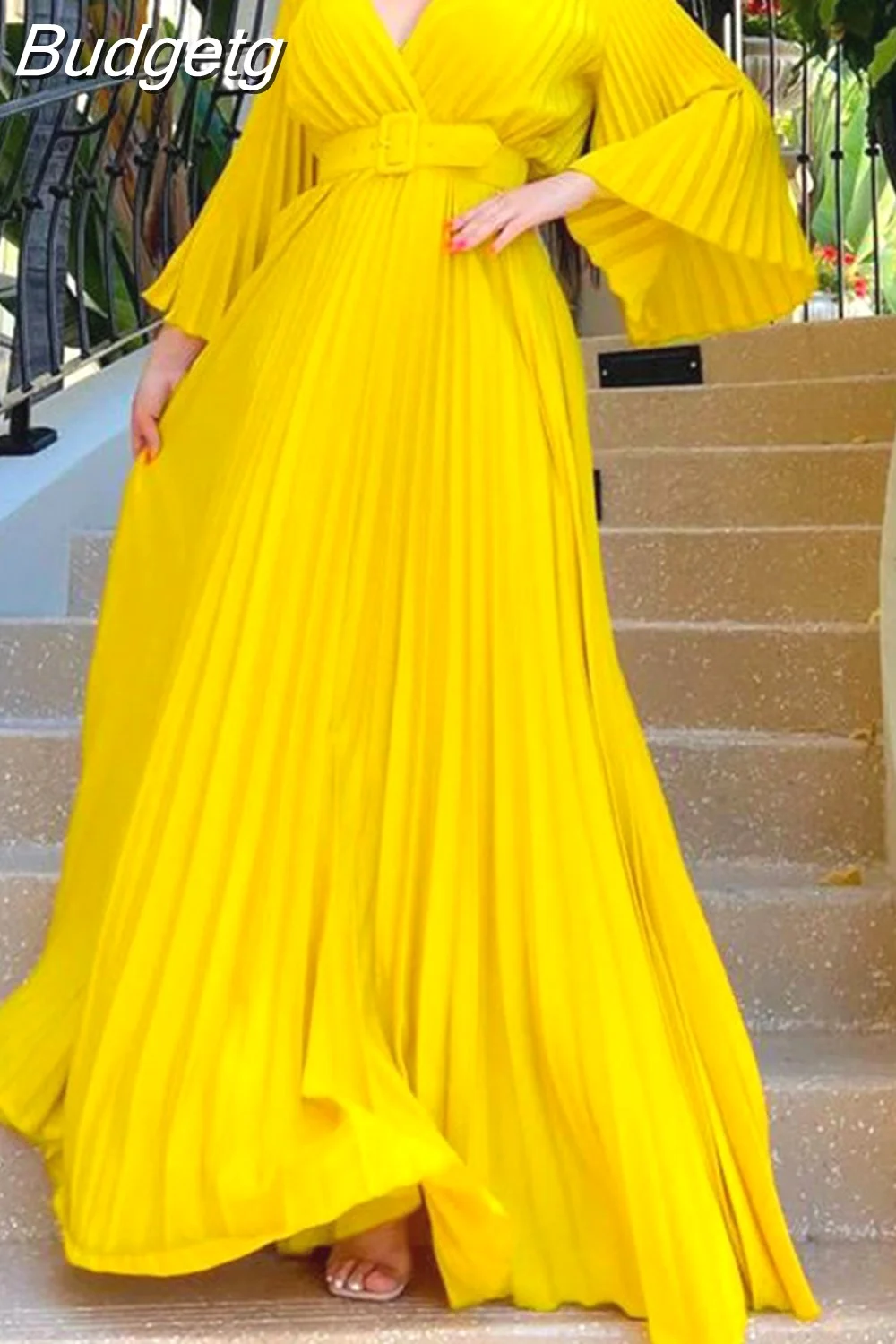 Budgetg Size Women Party Dress Ruffle Long Sleeve Elegant Dress 2023 Spring Casual Belt Robe Female Designer Fashion V Neck Outfit