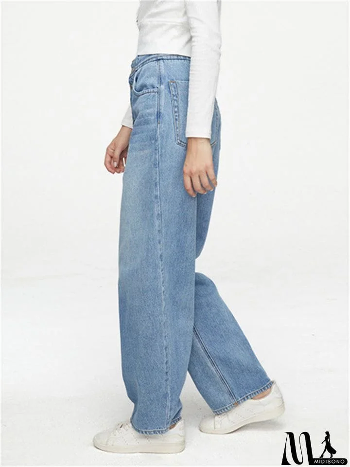 MidiSono - Youth Campus Style Extra Loose Straight-Leg Light Blue Denim Jeans for Women
