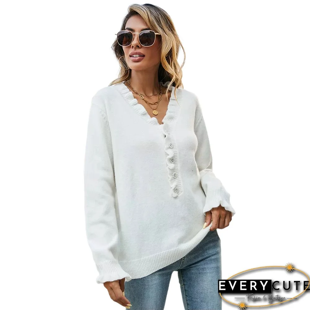 White Frilled V Neck Button Knitted Sweater