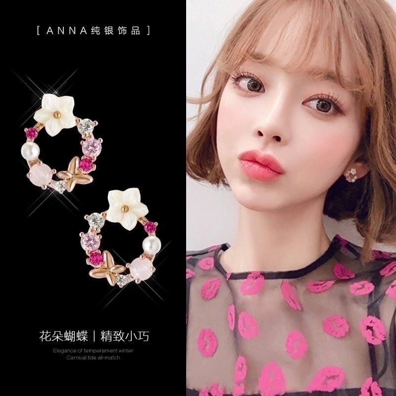 3 Pieces Sweet Heart Shape Rose Flower Inlay Imitation Pearl Alloy Rhinestones Earrings