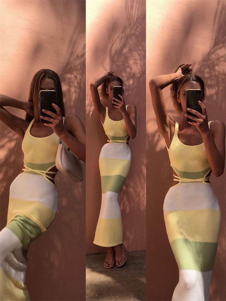 Ootddress Women Stripe Knitted Backless Sexy Bodycon Dress Bandage Contrast Color Spaghetti Strap Long Dresses Party Beach Summer