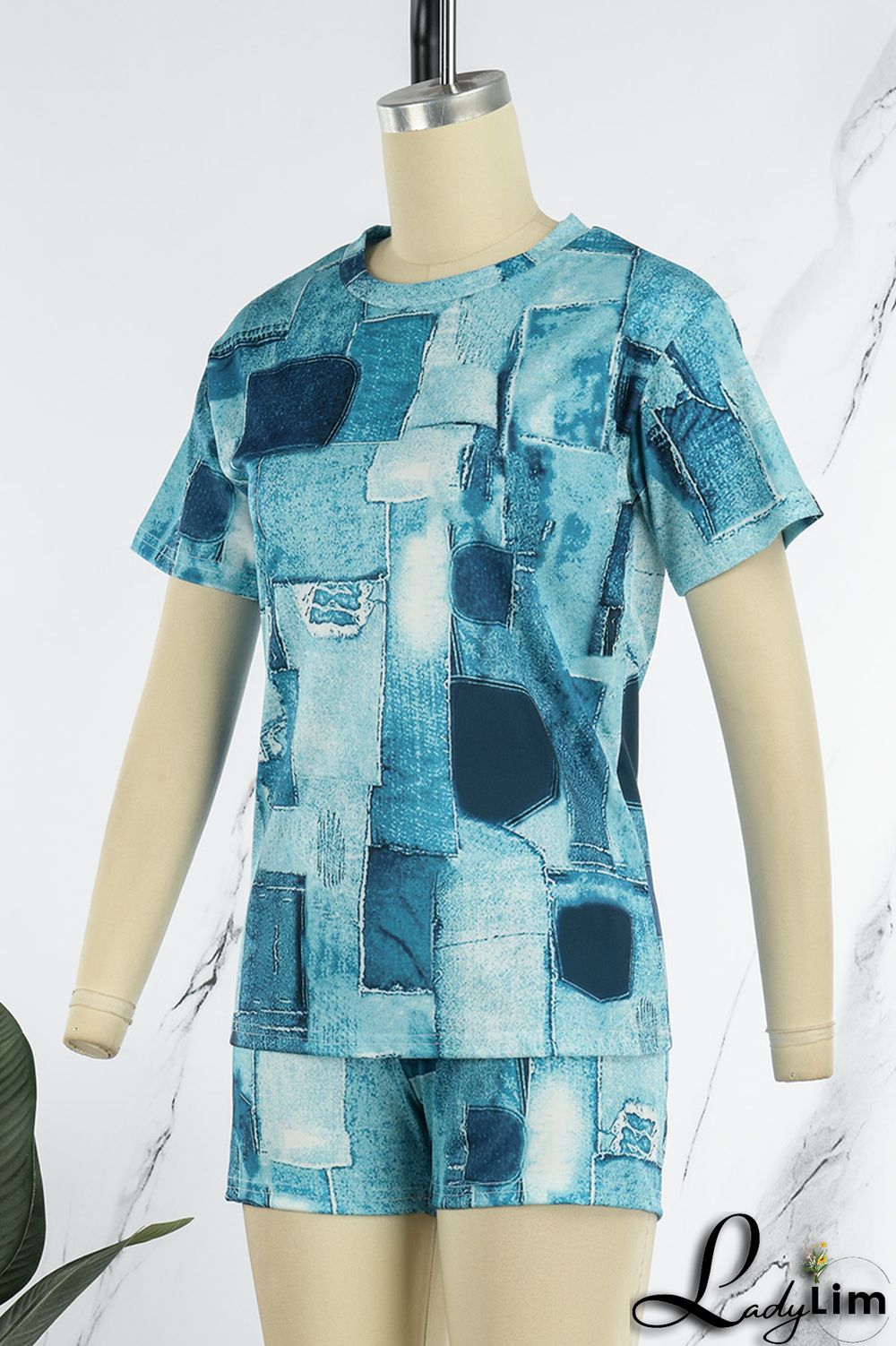 Black Casual Print Patchwork O Neck Short Sleeve Two Pieces