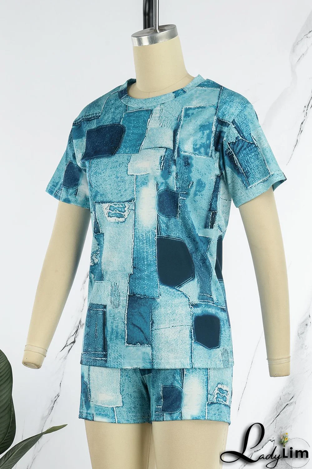 Black Casual Print Patchwork O Neck Short Sleeve Two Pieces