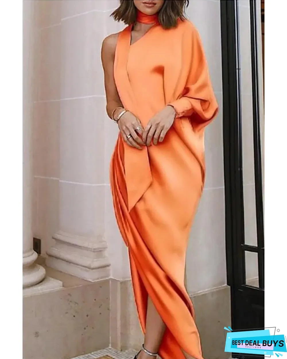 Women's Swing Dress Midi Dress Long Sleeve Solid Colored Split Ruched Ruffle Fall Winter Hot Sexy Puff Sleeve Kentucky Derby Yellow Wine Orange