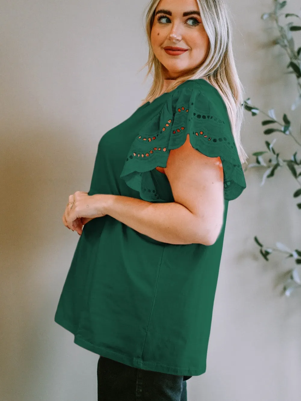 Green Eyelet Flutter Sleeve Plus Size Top