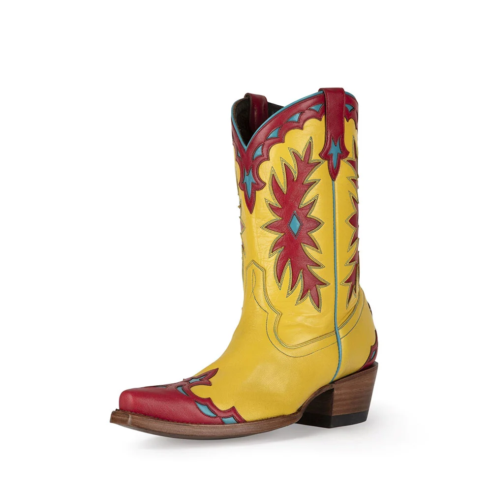 Red & Yellow Stacked Heel Decorative Inlay Wide Calf Cowgirl Boots