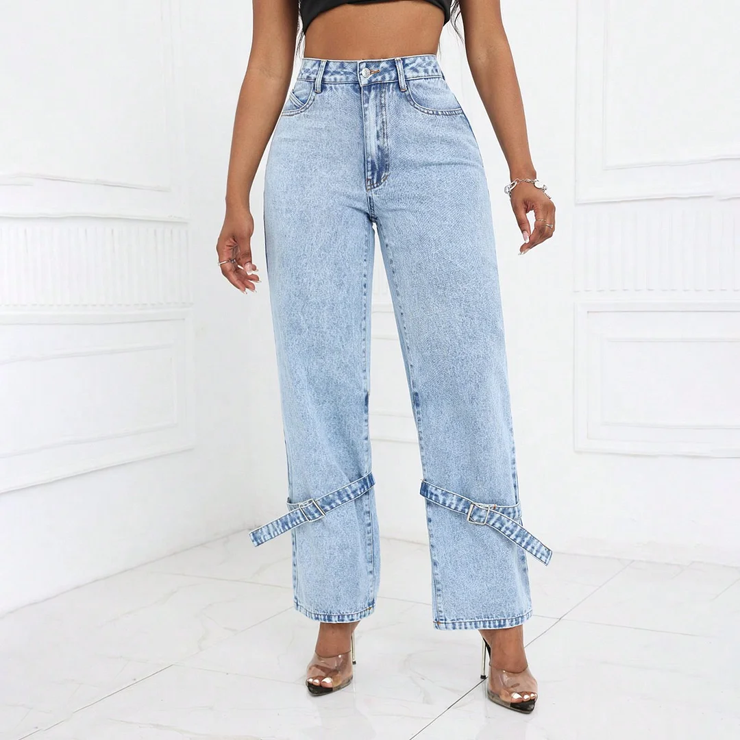 Women's Straight Loose High-waisted Jeans Tie up Design Girls Jeans