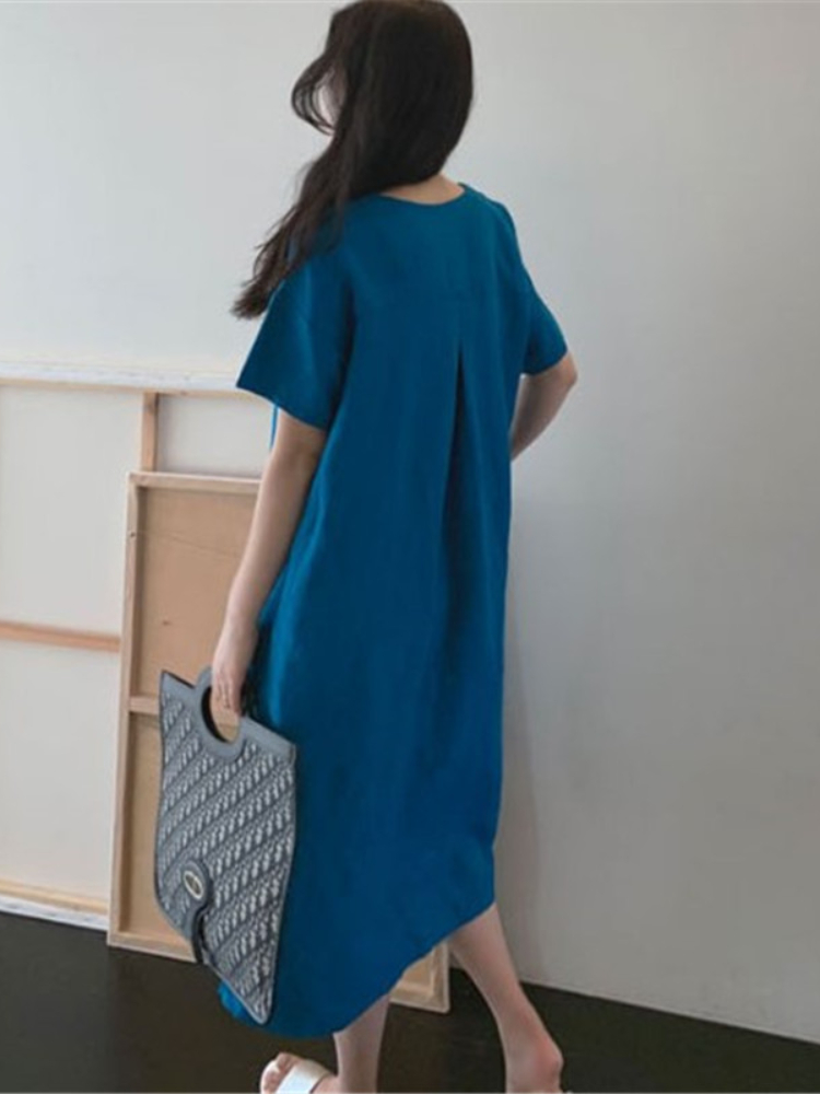 Fashion Straight Cotton Linen Temperament Casual Solid Color Dress