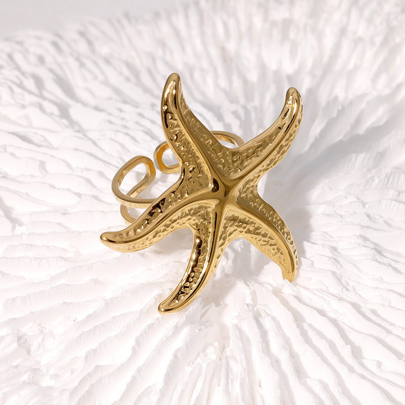 Beach Holiday Style Starfish Ring Personality Exaggerated Ins Style Open Stainless Steel Ring Female