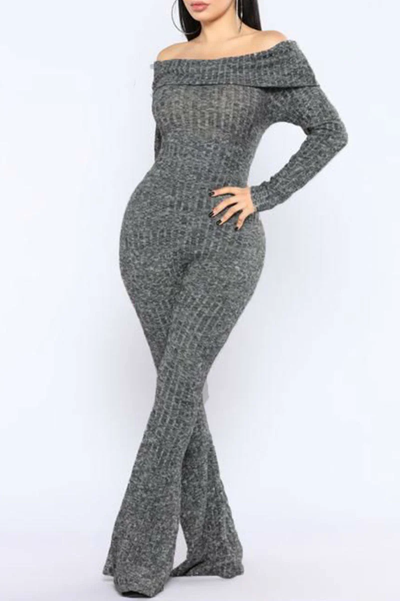 Sexy Solid Split Joint Off the Shoulder Boot Cut Jumpsuits