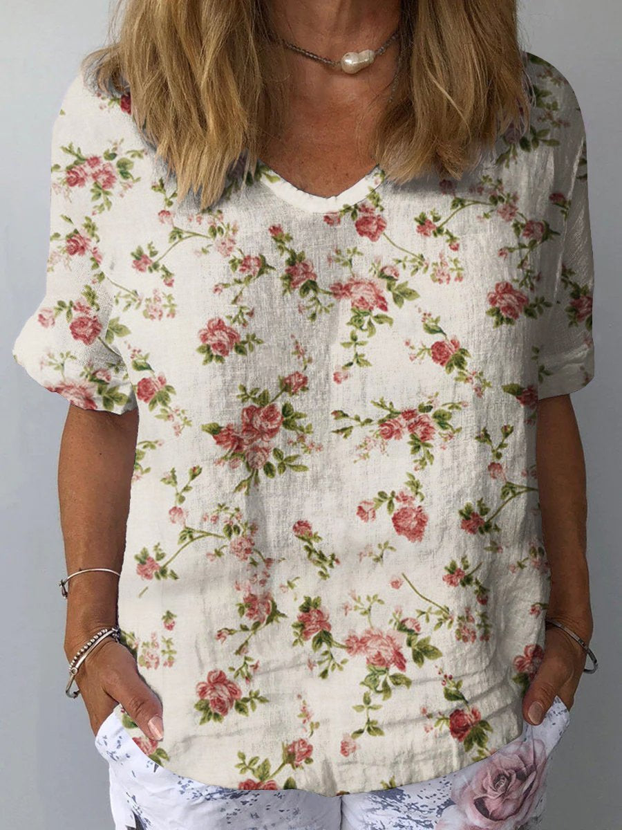 Women's  Flower Art Print Casual Cotton And Linen Shirt