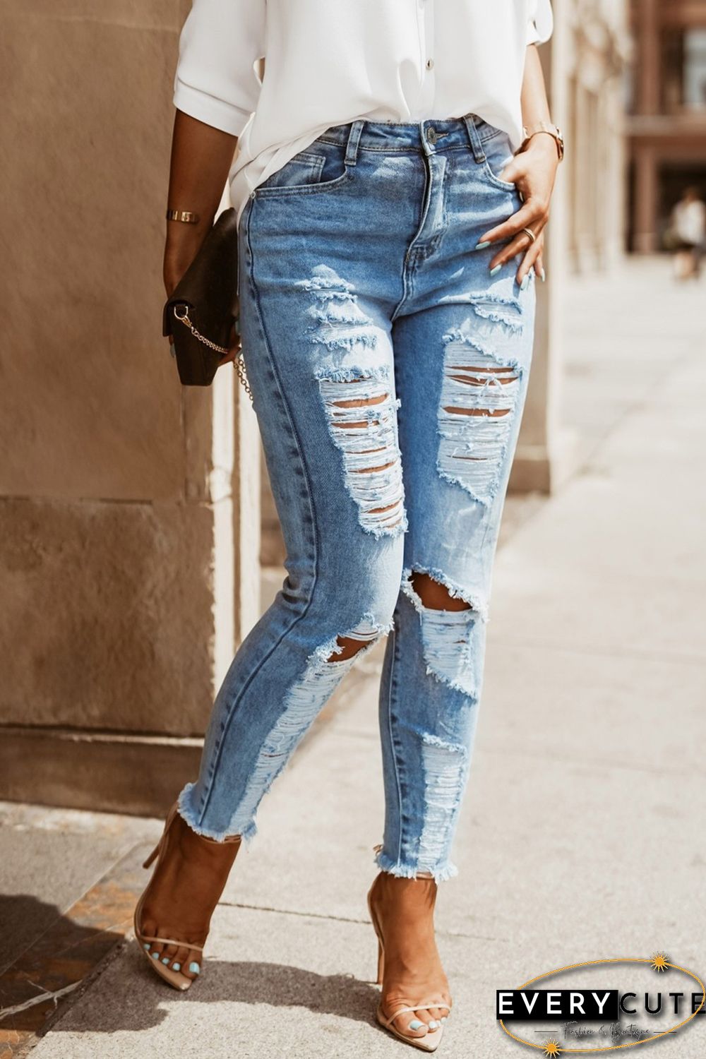 Sky Blue Distressed Straight Leg High Waist Jeans