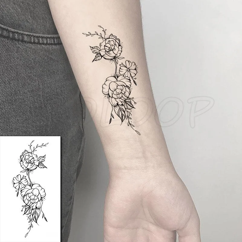 Tattoo Stickers Rose Flower English Letters Leaf Plant Body Makeup Art Waterproof Flash Tatoo Fake Tattoos for Men Women Kids