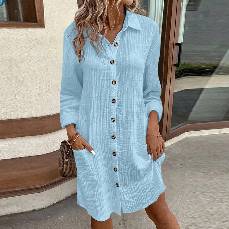 Women's Casual Long Sleeve Cotton Dress Button Down Loose Solid Color Dress with Pockets
