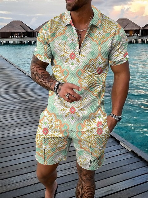 Men's Casual Polo Zipper Shorts Sleeve Suit