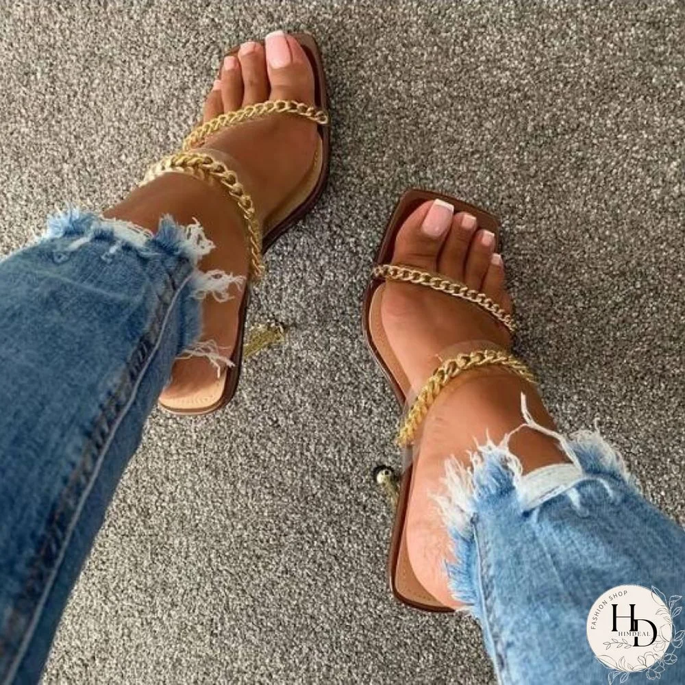 Summer Women Sandals Square Toe Ladies Heel Mules Clear PVC Transparent High Heels Slippers Female Fashion Chain Shoes Woman