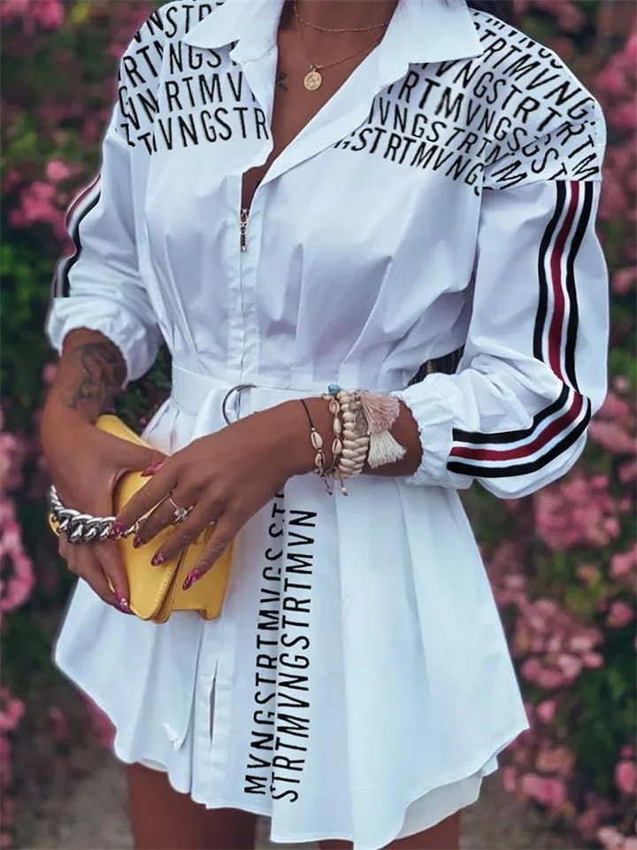 Spring and Summer New Women's Fashion Letters Printed Lapel Cardigan Waist Shirt Straps Zipper In The Long Paragraph Long-sleeved Shirt Dress