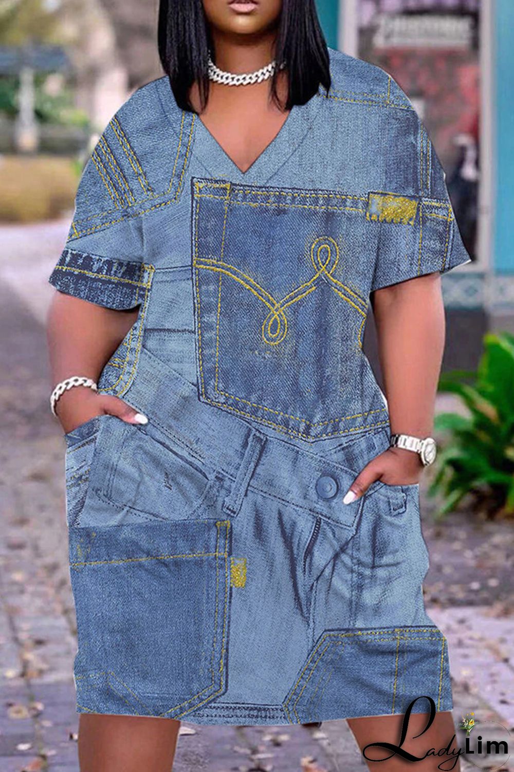 Light Blue Casual Print Basic V Neck Short Sleeve Dress Dresses